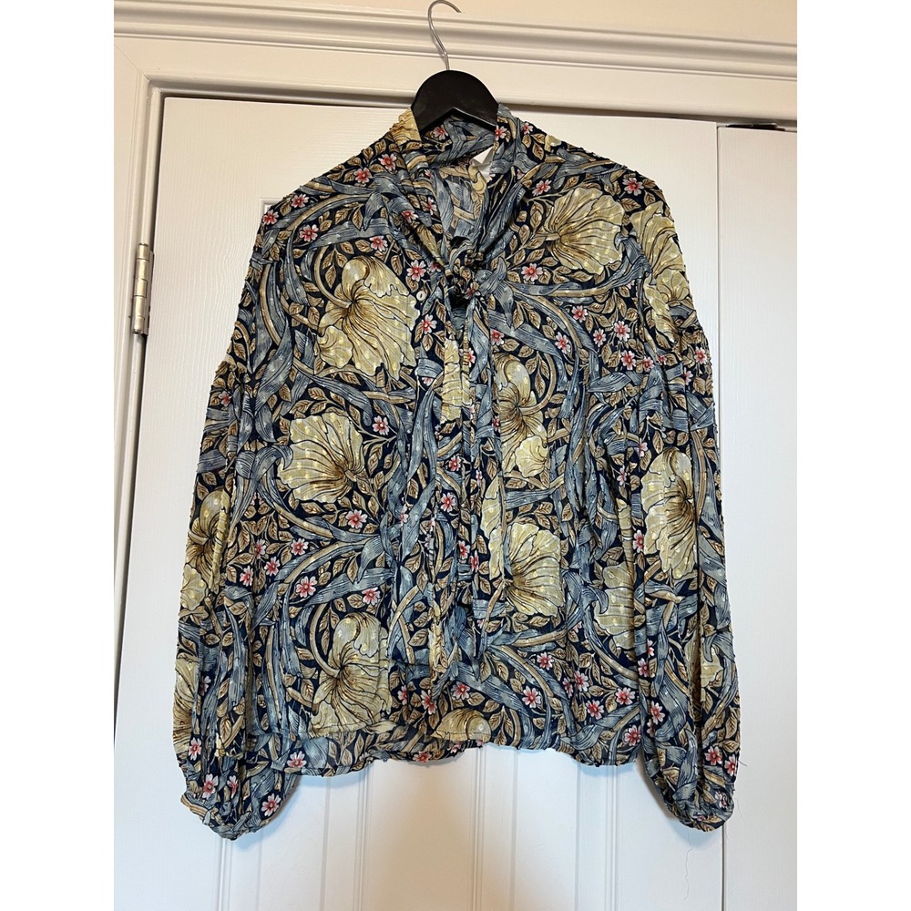 Morris & Co x H&M Floral Bow Blouse Blue Gold Metallic Size 6 07045498